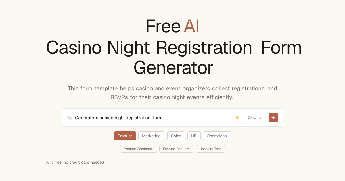 Free Casino Night Registration Form AI Generator | Dashform