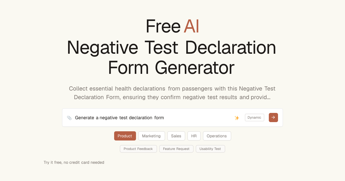 Free Negative Test Declaration Form AI Generator | Dashform