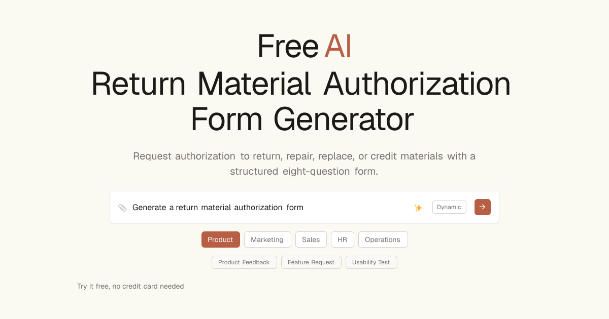 Free Return Material Authorization Form AI Generator | Dashform