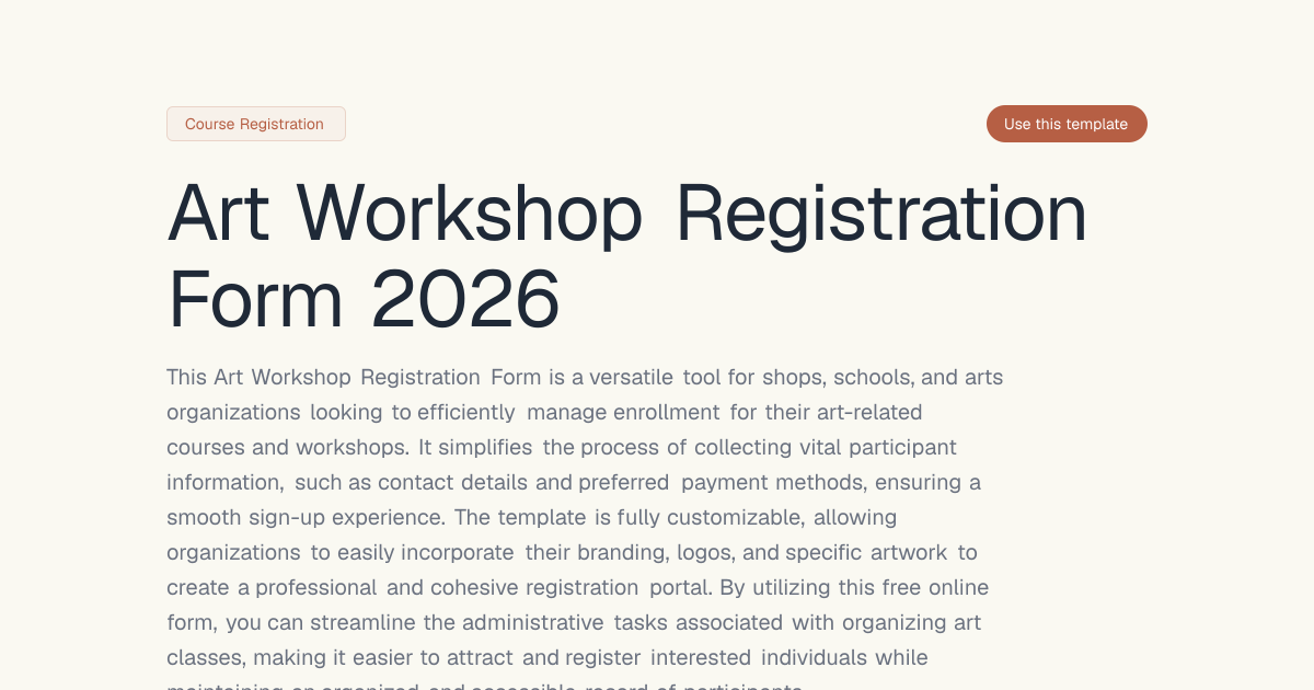 Art Workshop Registration Form 2026 | Dashform