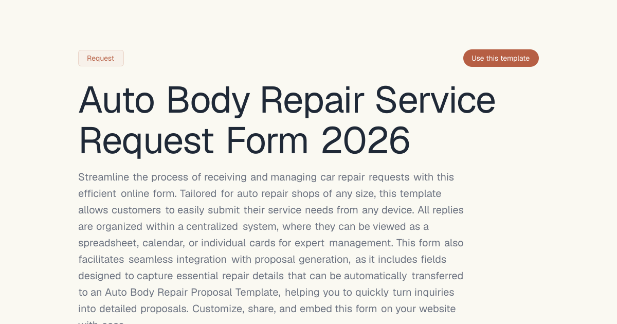 Auto Body Repair Service Request Form 2026 | Dashform