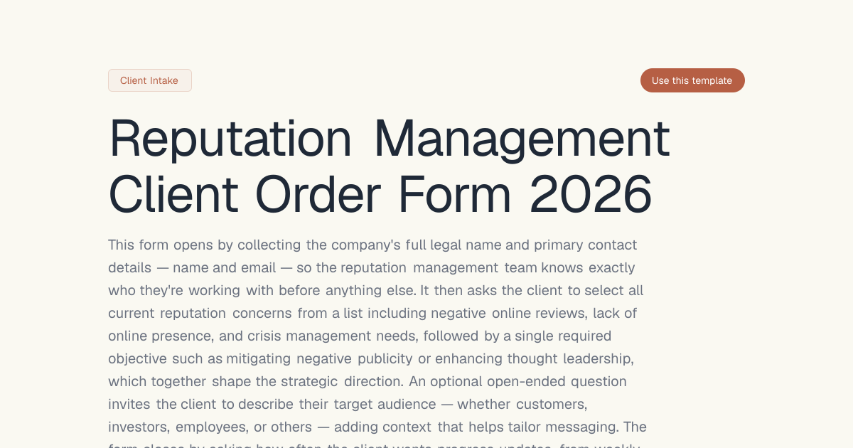 Reputation Management Client Order Form 2026 | Dashform