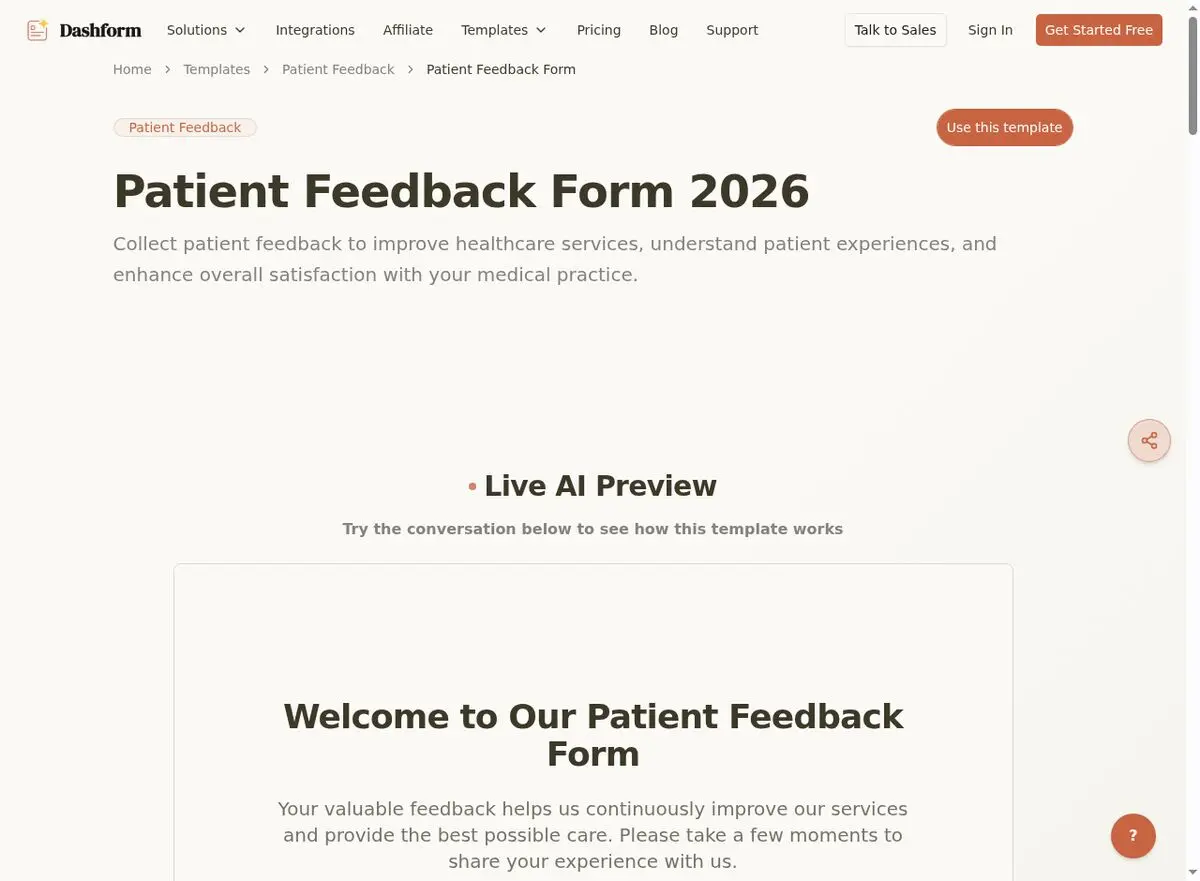 Dashform Patient Feedback Form template page screenshot