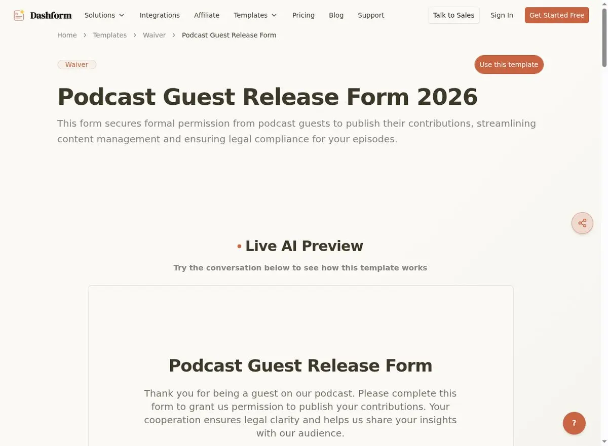 Dashform Model Release Form template page screenshot
