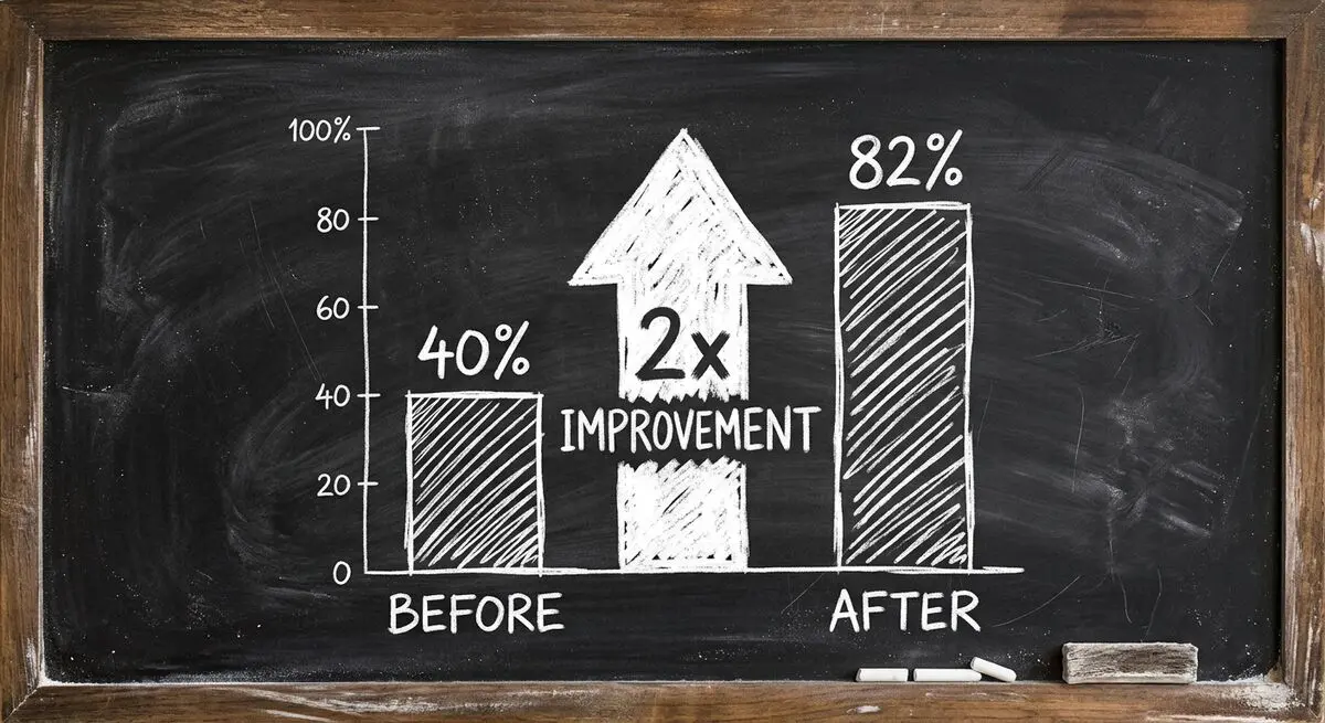 Bar chart showing discovery call show rate improving from 40% to 82% after implementing AI intake funnel