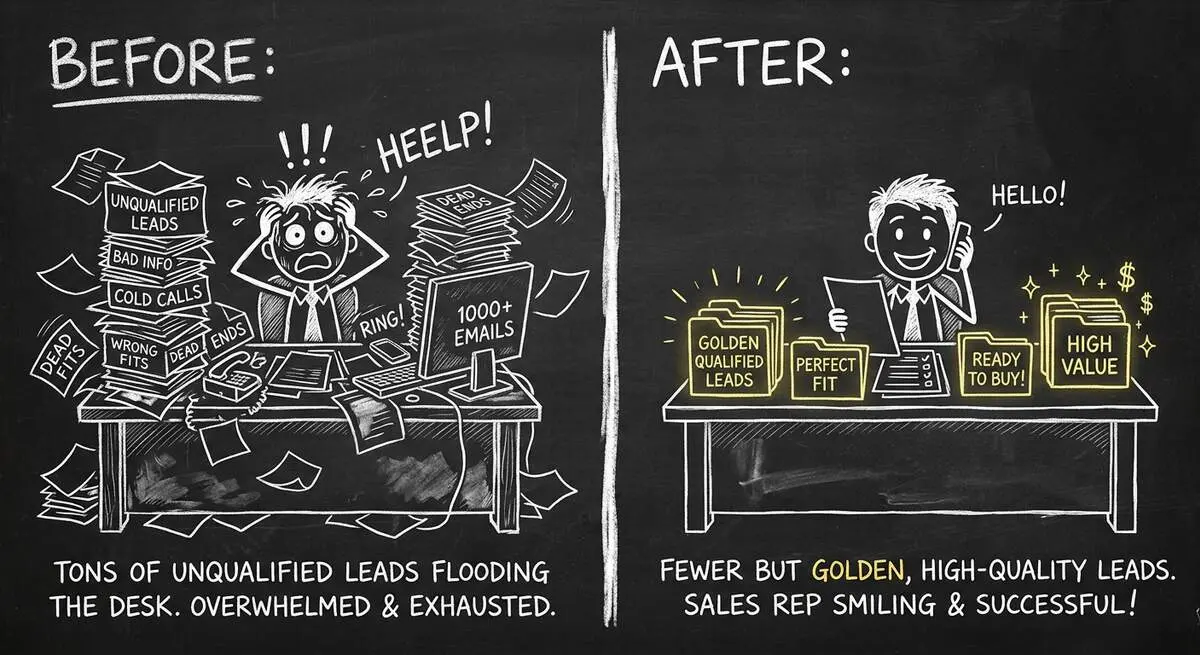 Before and after lead qualification - overwhelmed vs organized