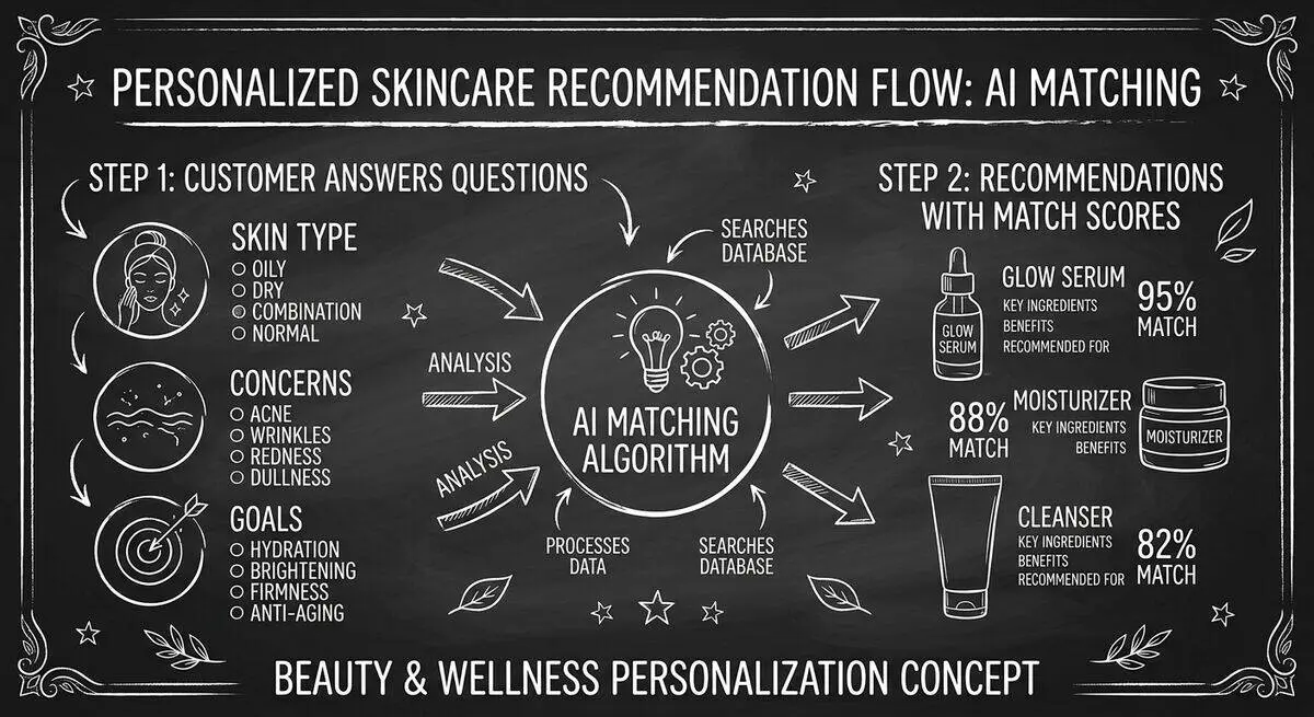 Skincare product recommendation flow showing customer answers matched to specific products with scores