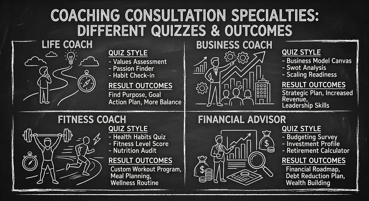 Multiple coaching specialties with tailored quiz types for life, business, fitness, and financial coaching
