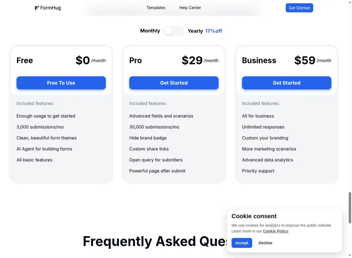 FormHug pricing plans comparison