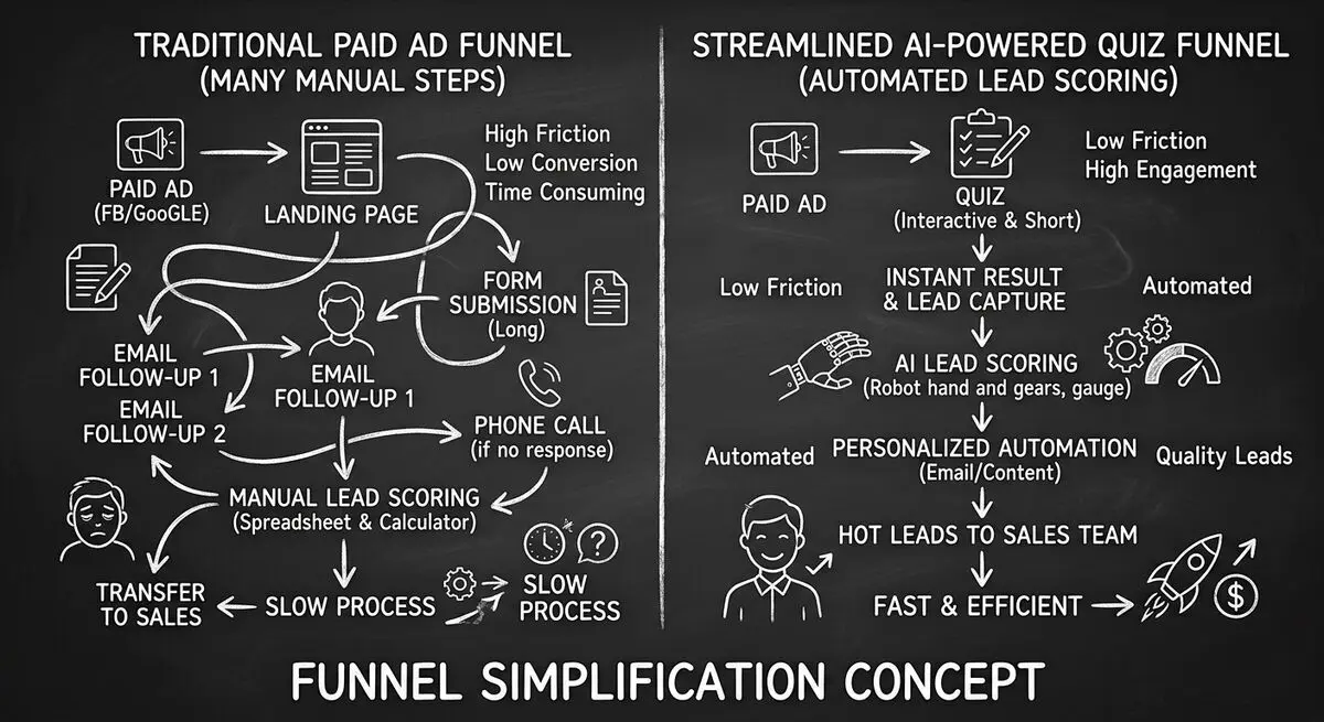 Before-and-after comparison of traditional paid ad funnel versus streamlined AI quiz funnel