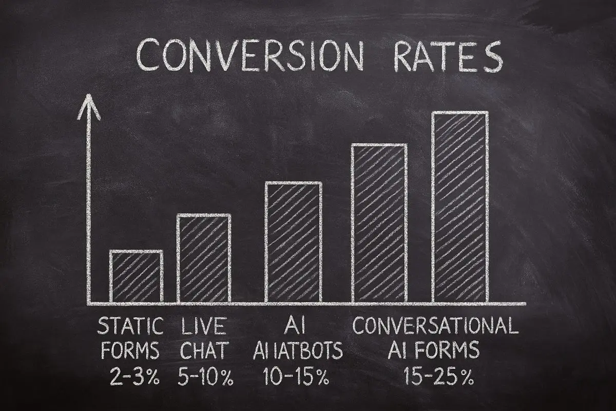 Bar chart comparing conversion rates: Static Forms 2-3%, Live Chat 5-10%, AI Chatbots 10-15%, Conversational AI Forms 15-25%