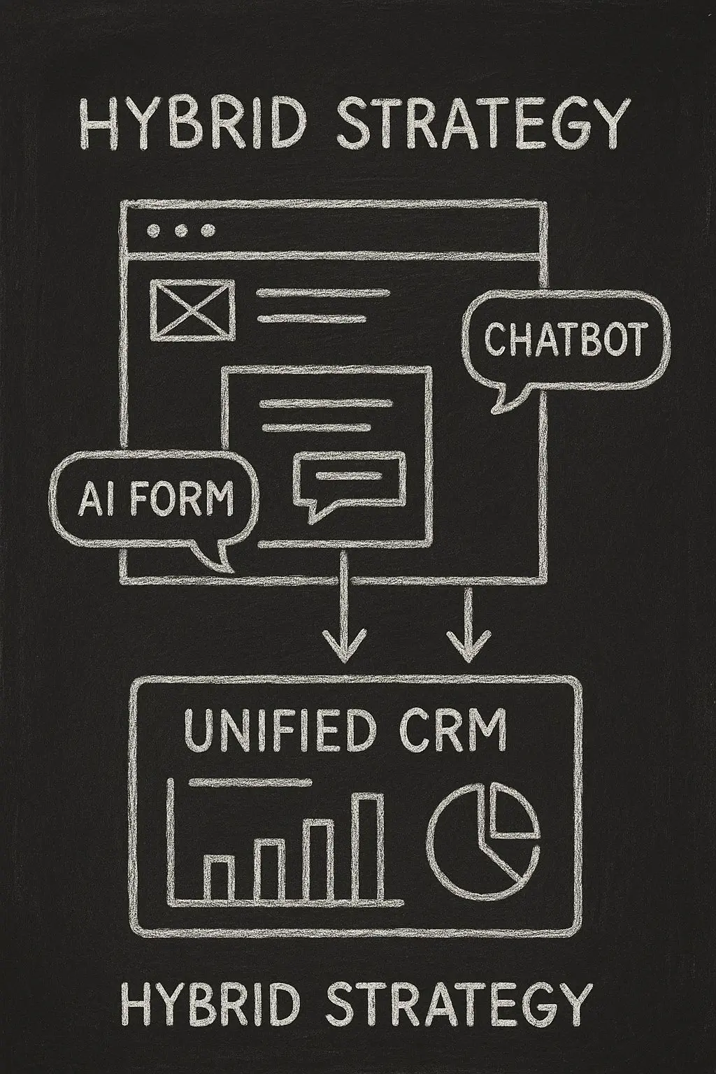 Hybrid lead generation system showing chatbot and conversational form working together with unified CRM dashboard