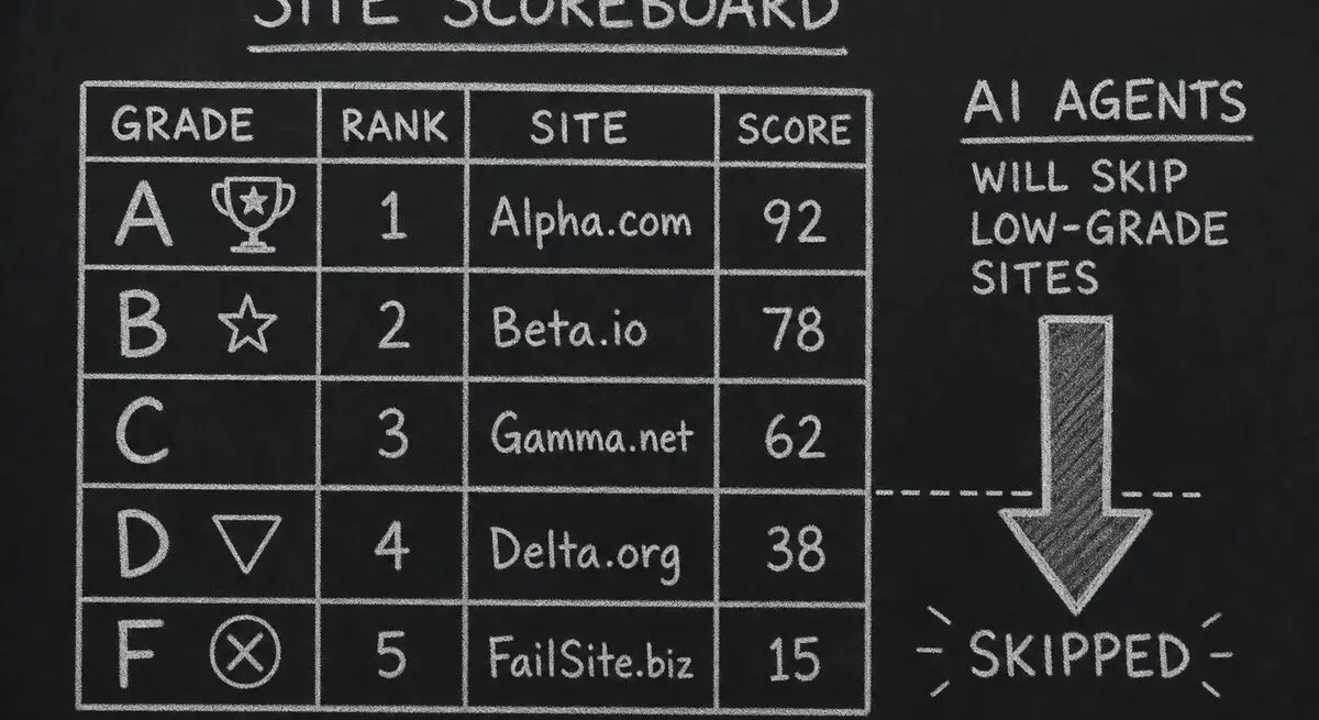 AX Audit grade bands with arrow showing AI agents skipping low-grade sites