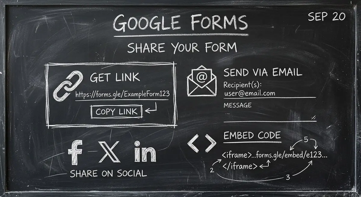 Google Forms sharing options: link, email, embed, and social media