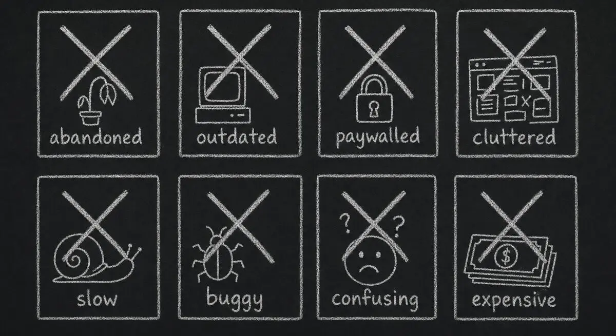 Eight excluded tools, each marked with a reason for cut