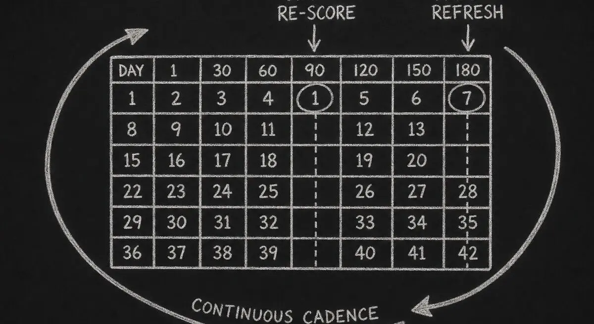 Cadence diagram showing 90-day re-score and 180-day refresh cycles