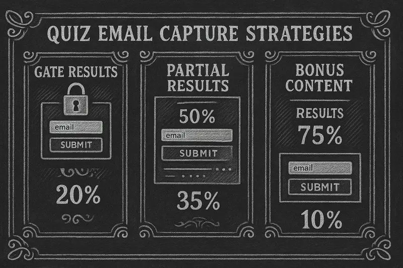Chalkboard illustration showing three quiz email capture strategies: Gate Results, Partial Results, and Bonus Content