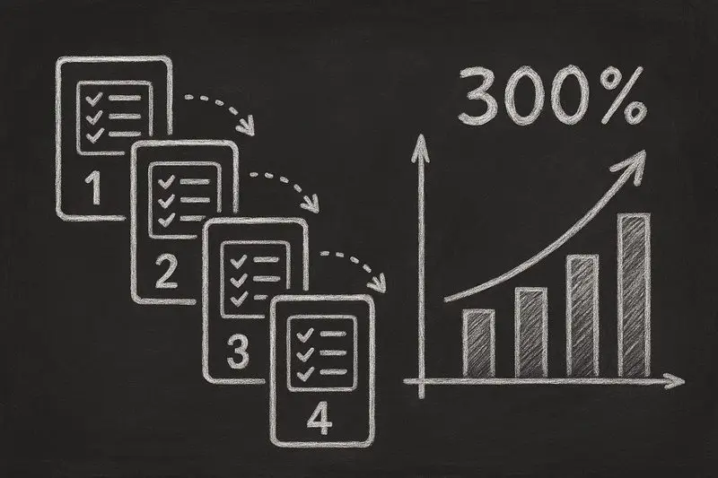 Multi-step forms conversion guide showing numbered form steps with upward trending conversion graph in chalkboard style