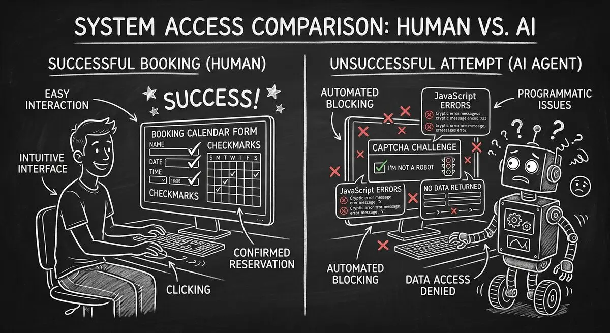Side-by-side comparison showing human easily using a booking form while an AI agent is blocked by CAPTCHAs and JavaScript-only content