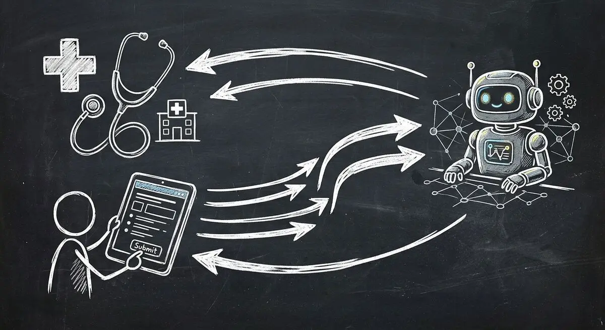 Chalkboard sketch of medical clinic AI automation with OpenClaw agent and Dashform patient forms
