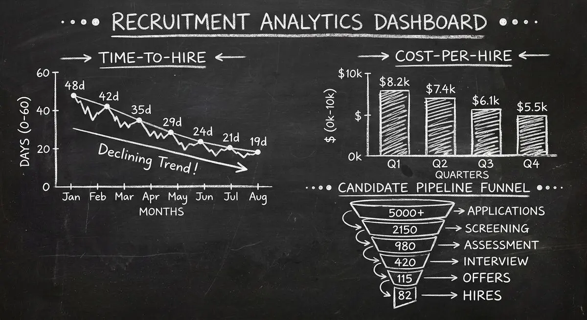 Recruitment analytics dashboard showing improved time-to-hire and cost metrics