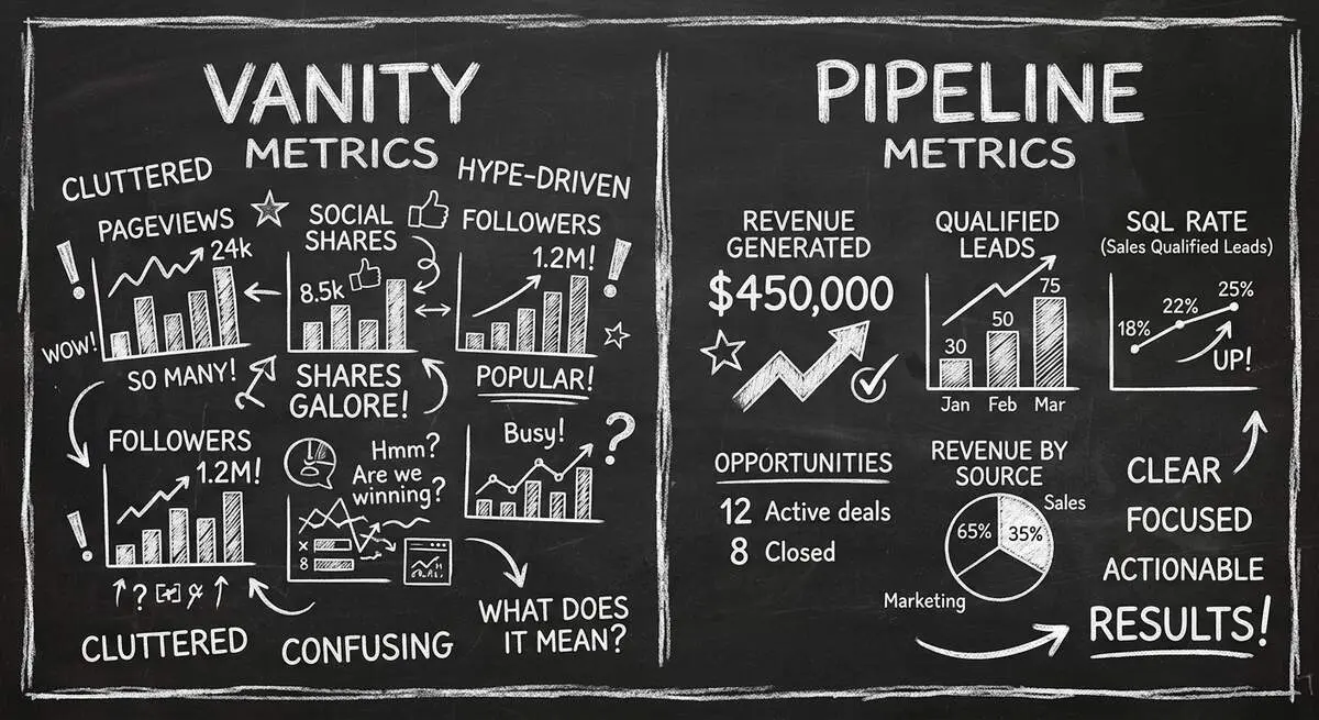Vanity metrics vs pipeline metrics dashboard comparison
