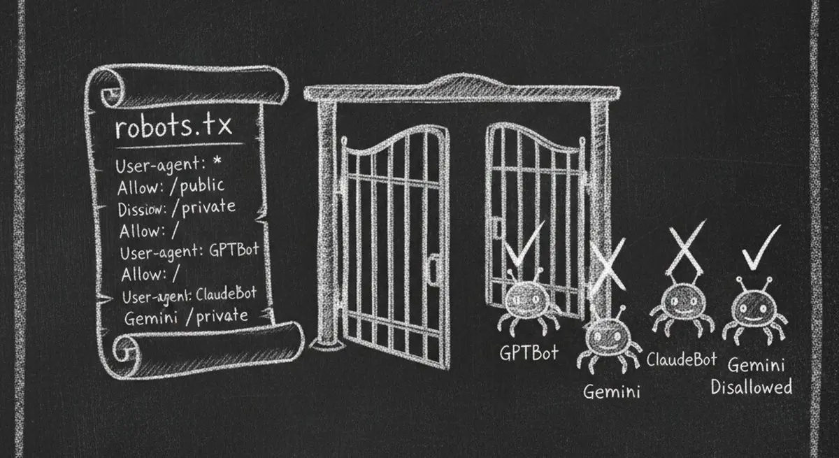 Chalkboard illustration showing AI crawlers being blocked by robots.txt with allow and disallow rules