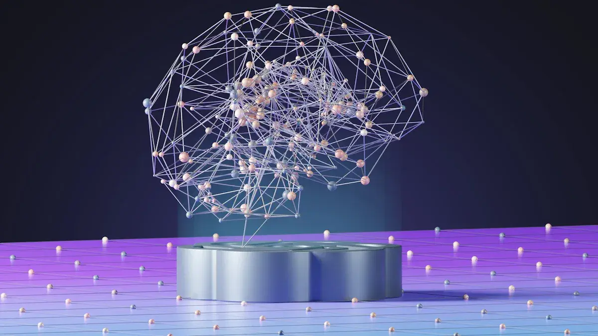 Abstract brain network made of interconnected nodes and lines, hovering above an AI symbol.