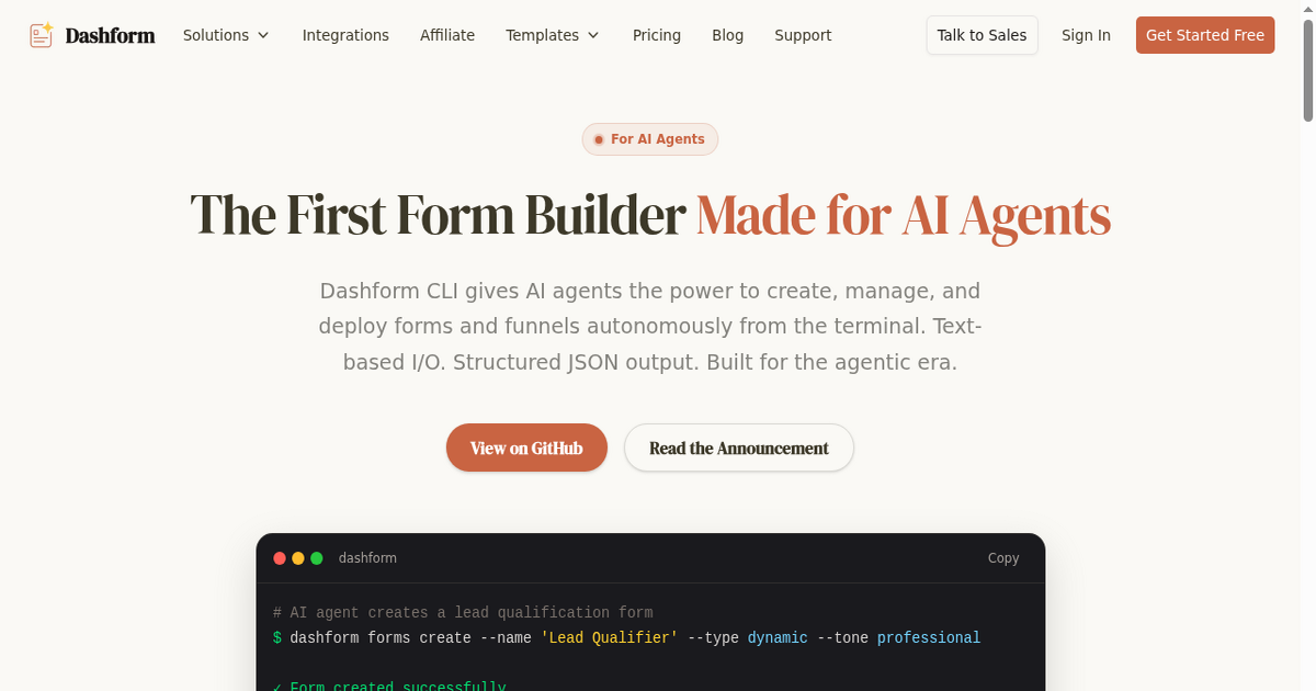 Dashform CLI — The First Form Builder for AI Agents | Dashform